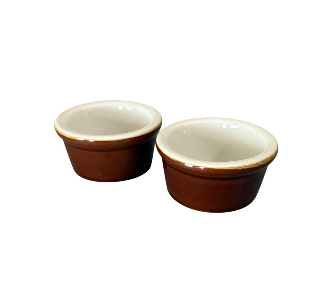 Vintage Ultima China Brown Stoneware Ramekins 3” Custard Cups Set 2